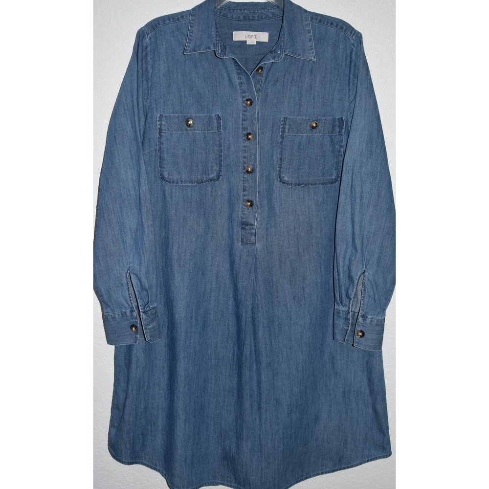 Loft MEDIUM Denim Chambray Blue Shirt Dress Chest Pockets Long Slv 100% Cotton